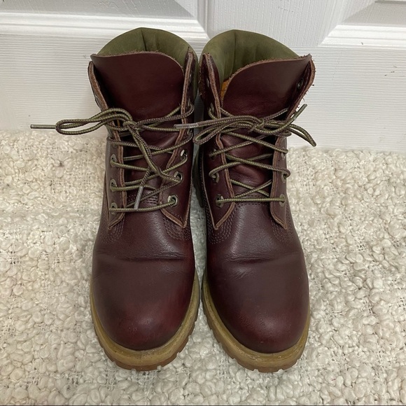 TIMBERLAND Burgundy & Green Leather Lace Up Boots 8.5 - Picture 3 of 10